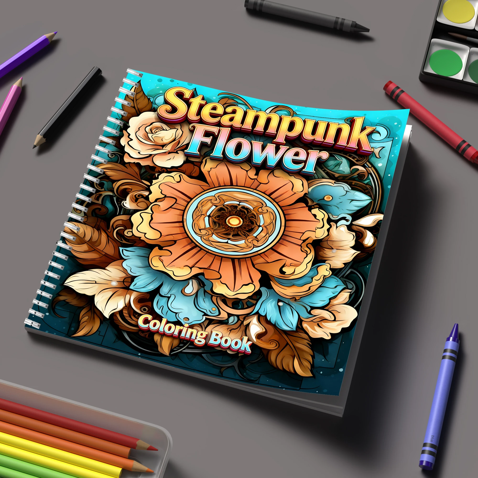 Flower Supplies - Yetişkinler için Boyama Kitabı Steampunk Çiçekleri